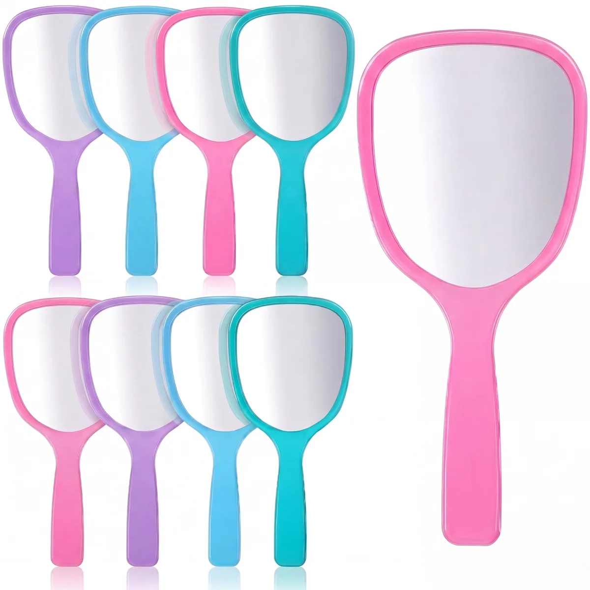 Eight rectangular plastic handheld mirrors in blue green pink purple with silver polished frames measuring 3.15 by 7.09 inches