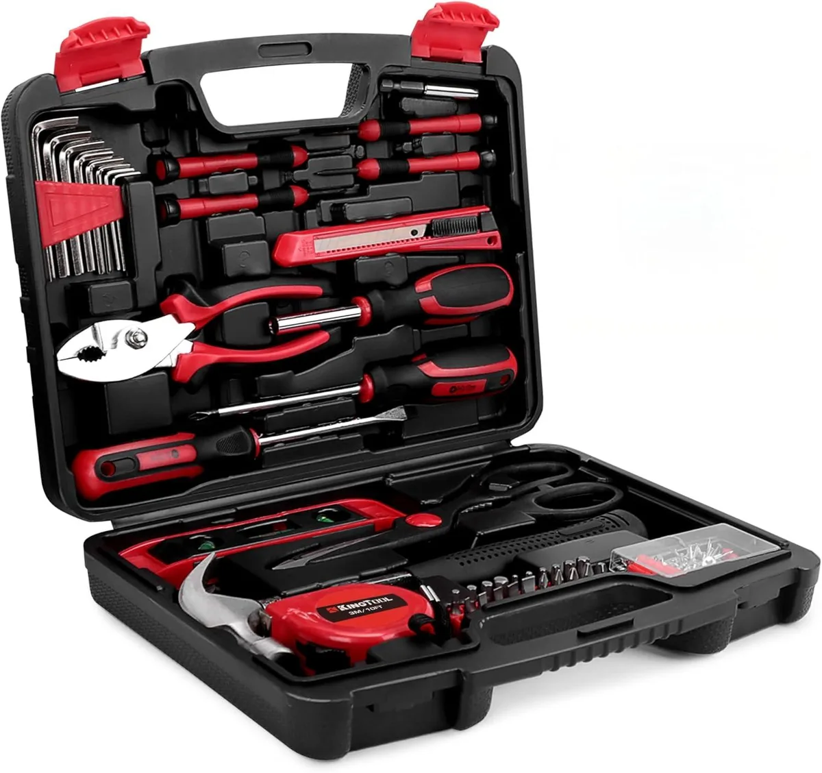 Red plastic toolbox containing 149-piece hand tool set with pliers, hammer, screwdrivers and hex keys
