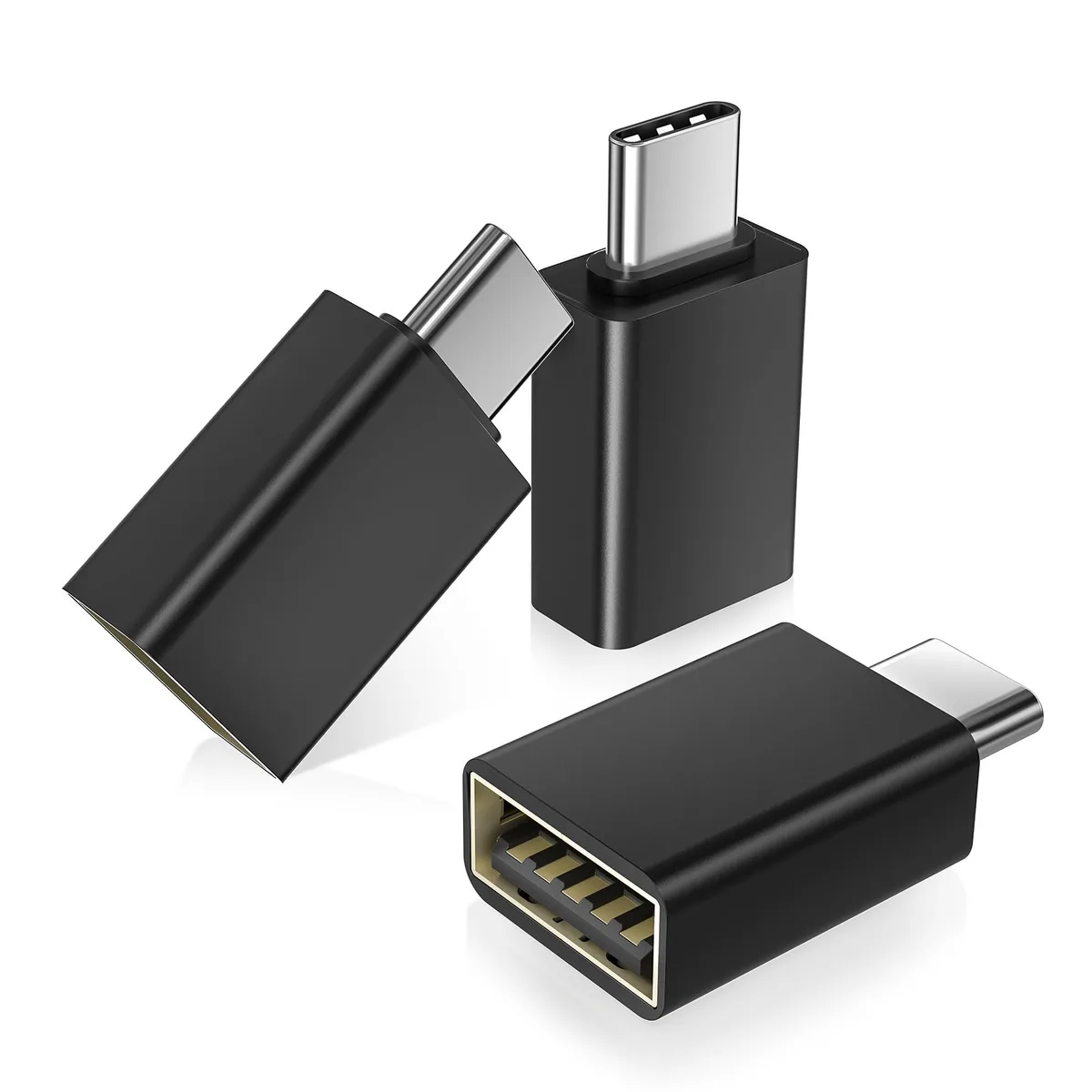 Three small black USB-C male to USB-A female adapters