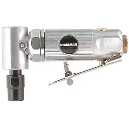 Compact pneumatic angle die grinder, silver metal body, lever trigger, 1/4 inch collet, 6 3/4 inches long