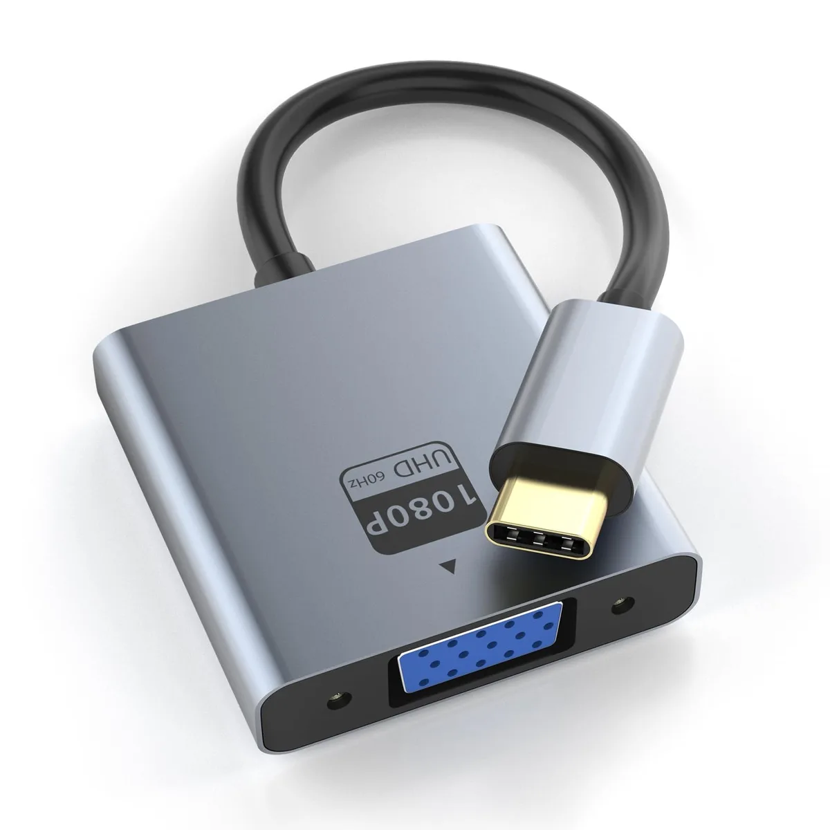 Black USB-C to VGA adapter dongle with female VGA port