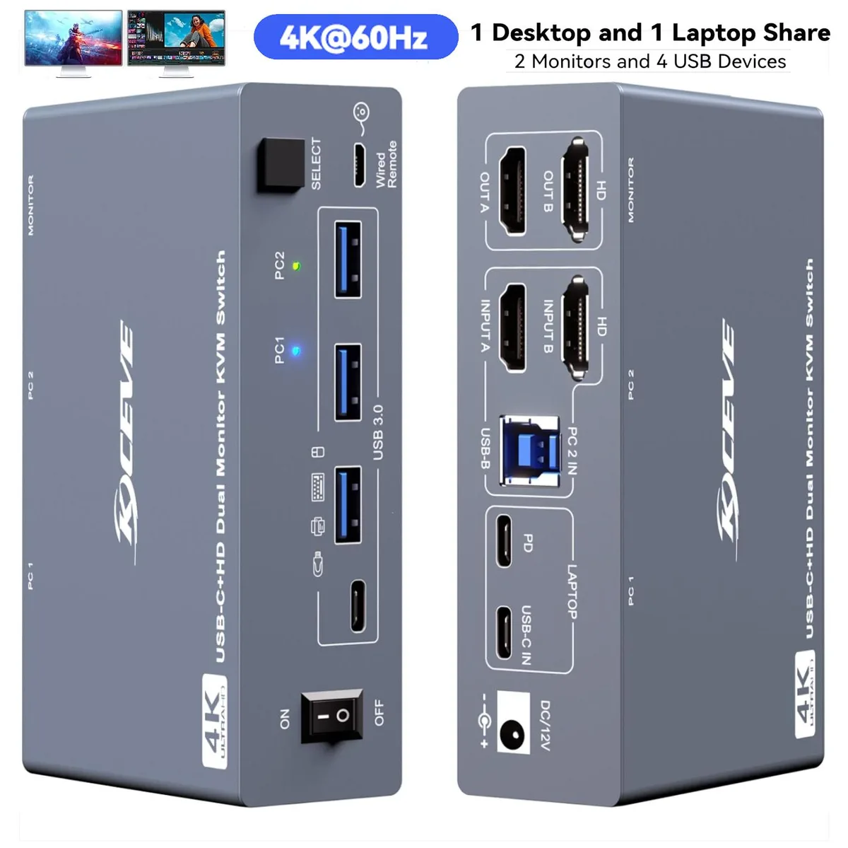 AUTYUE AUTYUE KCM-202CH KVM Switch 2 Monitors 1 Desktop 1 Laptop 4K@60Hz 80W PD — product photo