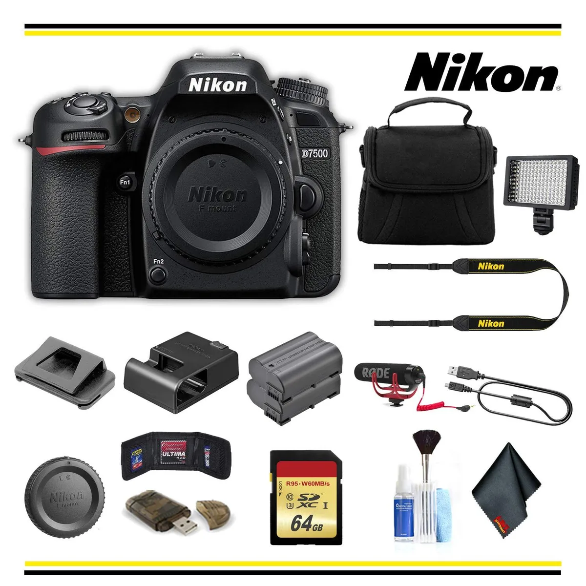 Nikon International Nikon International D7500 DSLR Camera Advanced Bundle Body 64GB Card LED Light Mic Battery Bag 3.2" 20.9MP — product photo
