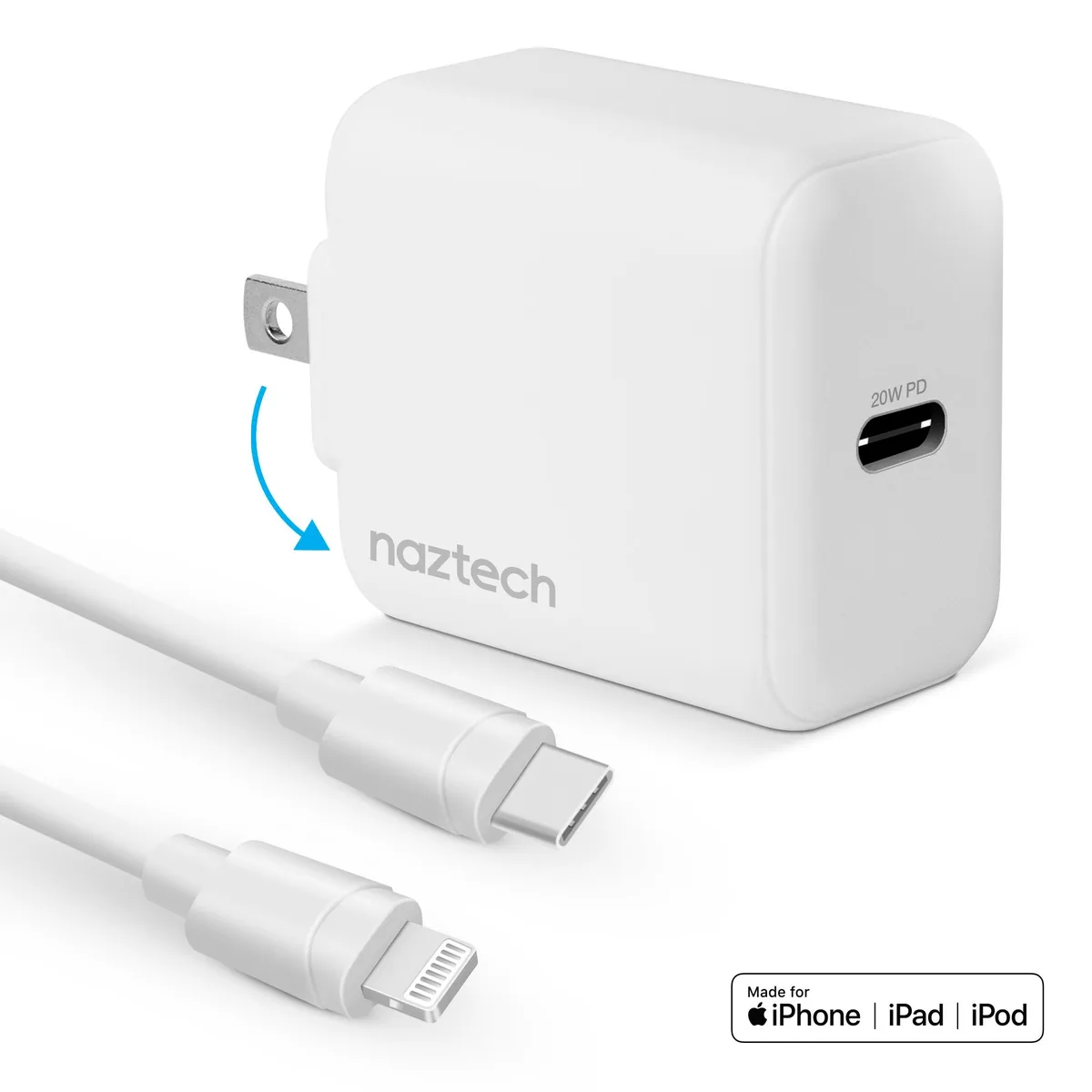 Naztech Naztech 20W PD Wall Charger + USB-C to Lightning 4ft Cable White — product photo