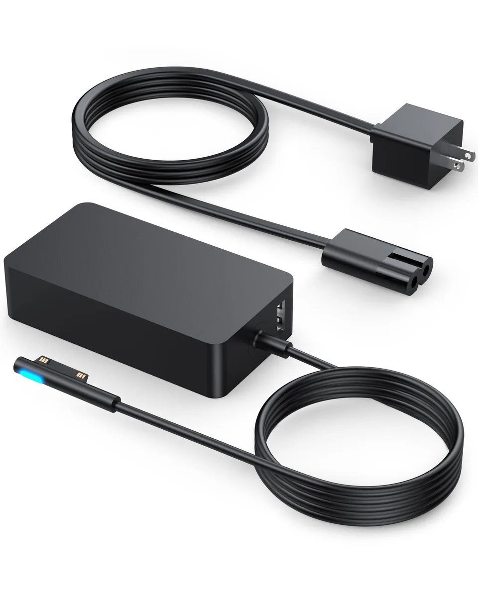 Black rectangular 65W AC adapter with magnetic Surface connector and detachable power cord