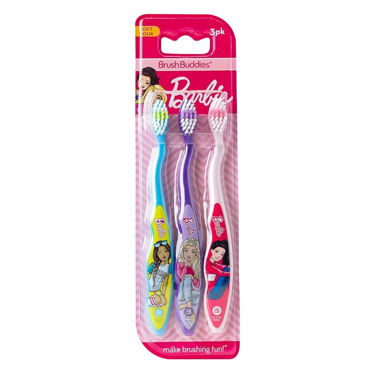 Three blue Barbie toothbrushes with pink designs and anti-slip handles