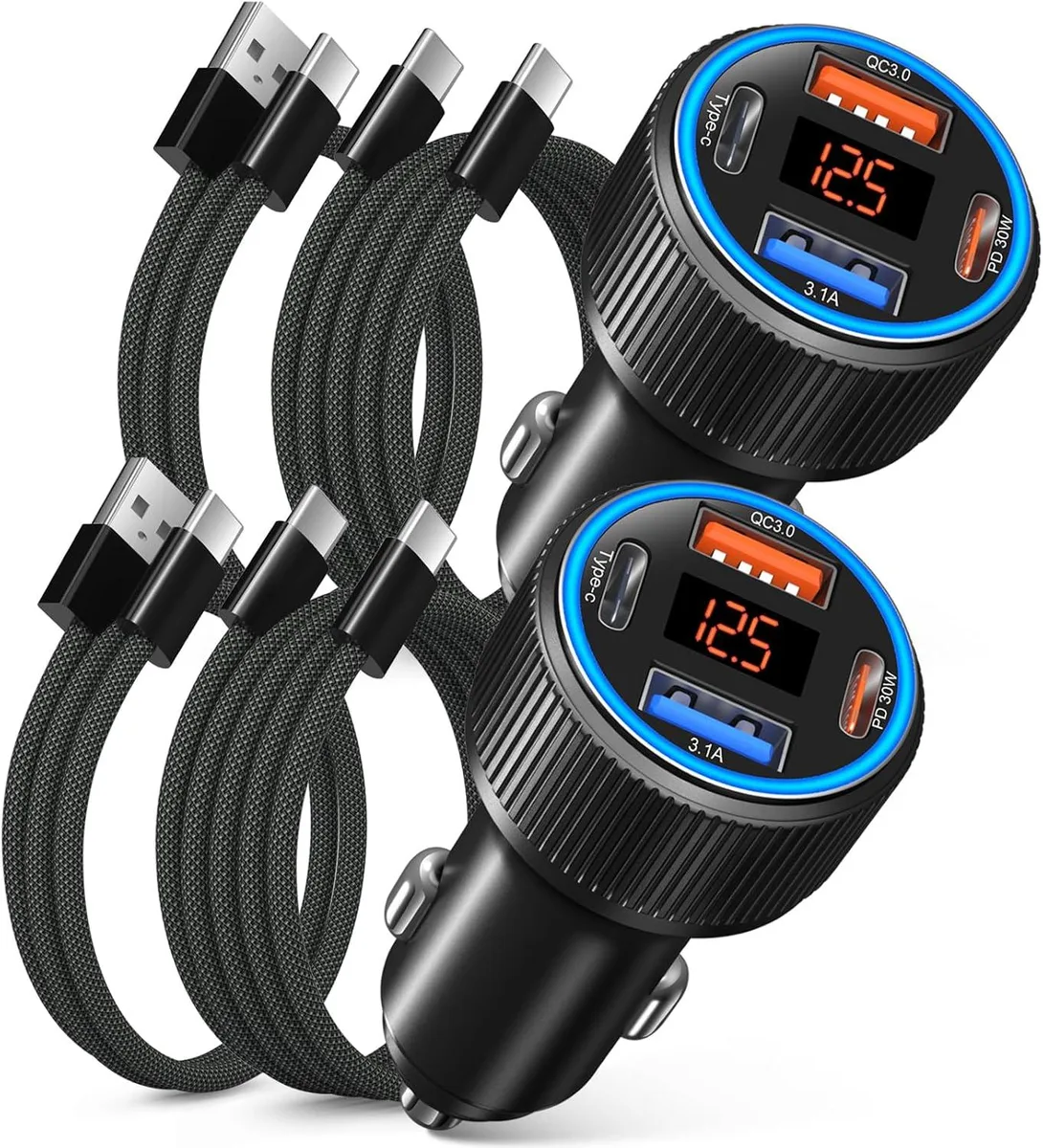 Leelbox Leelbox 65W 4-Port Car Charger with Voltage Meter + 4 USB-C Cables — product photo