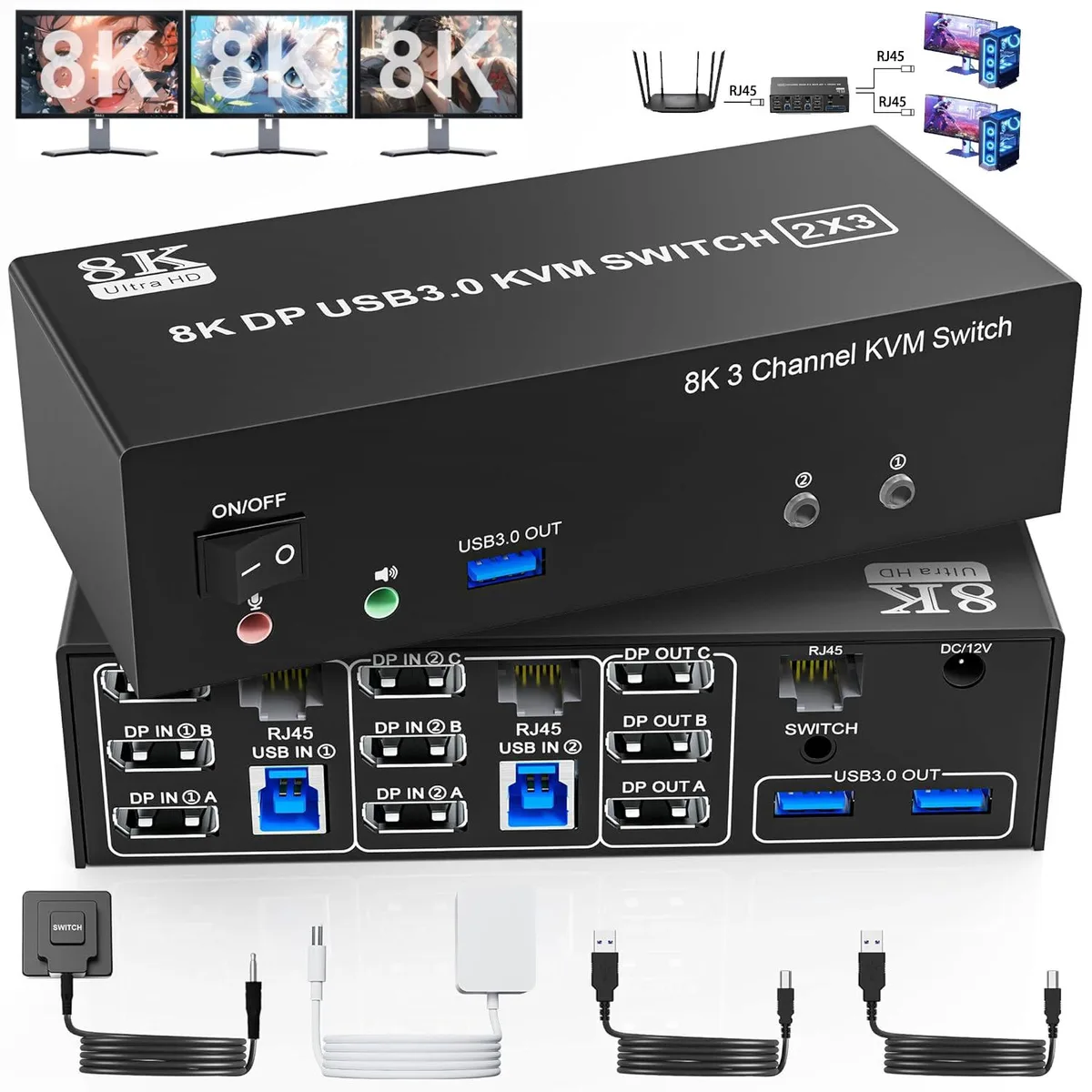 IHDAPP IHDAPP 8K@60Hz 4K@144Hz DP1.4 Triple Monitor KVM Switch 2 PCs 3 Monitors — product photo