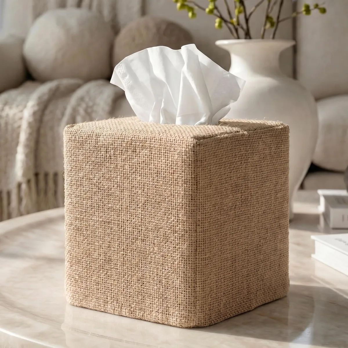 Burlap tissue box cover cube 4.6 x 4.6 x 5.1 in