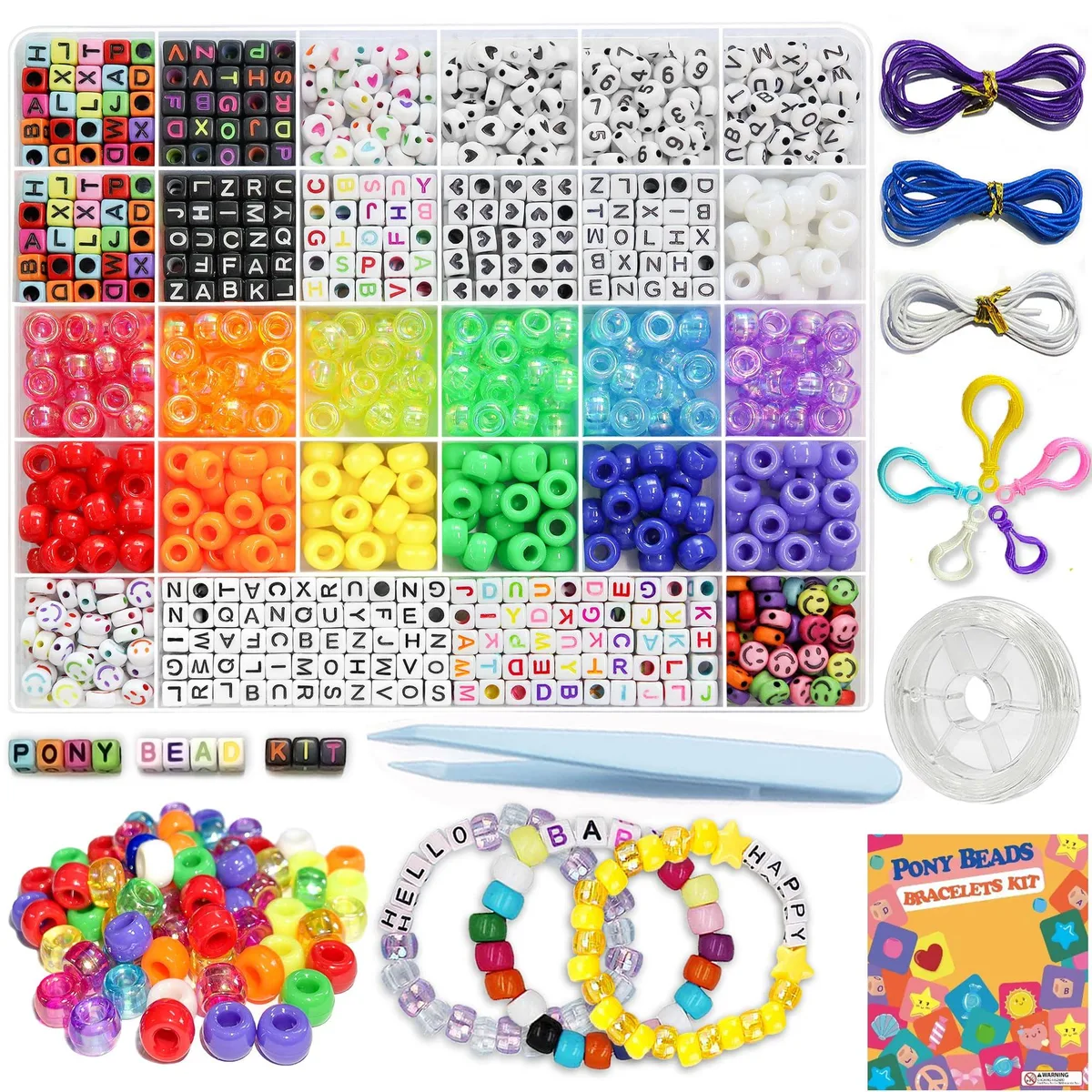 Transparent storage box filled with colourful plastic beads, elastic cords, tweezers and clasps