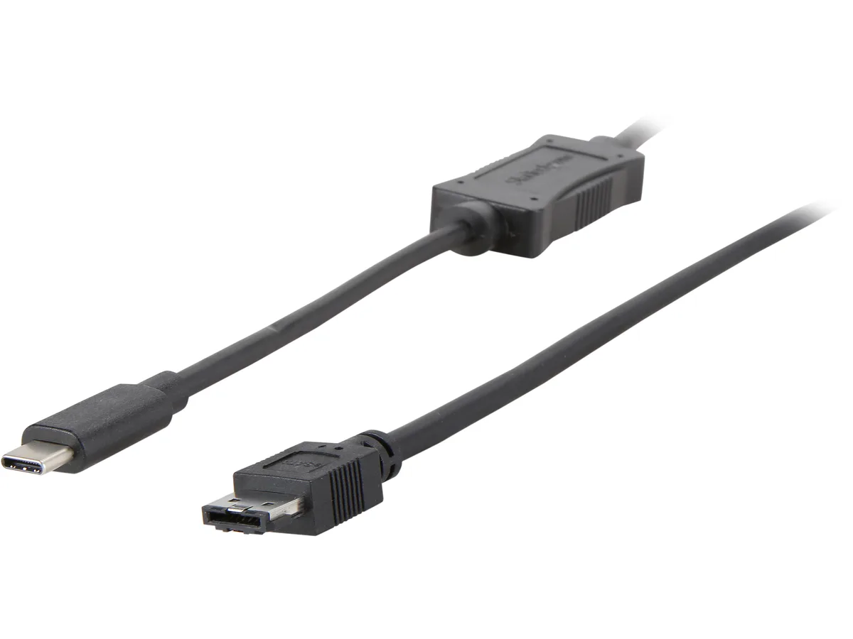 Black USB-C to eSATA cable with male connectors on both ends