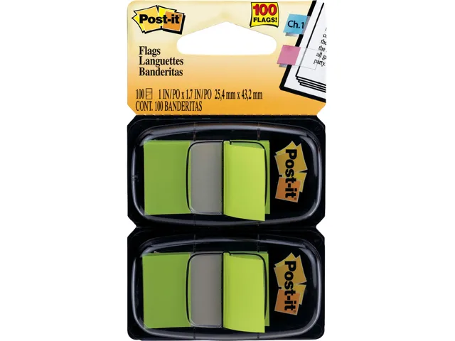 3M 3M 680-BG2 Post-it Flags, Bright Green, 1 in Wide, 50/Dispenser, 2 Dispensers/Pack — product photo