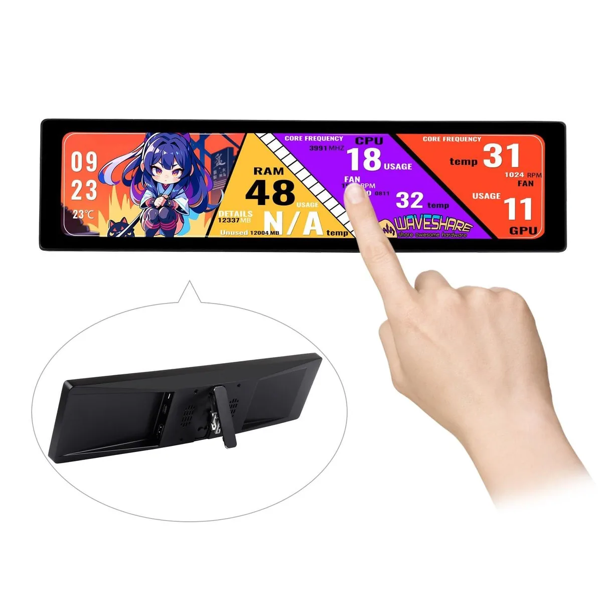 11.9 inch IPS touchscreen with metal case and fold-out stand