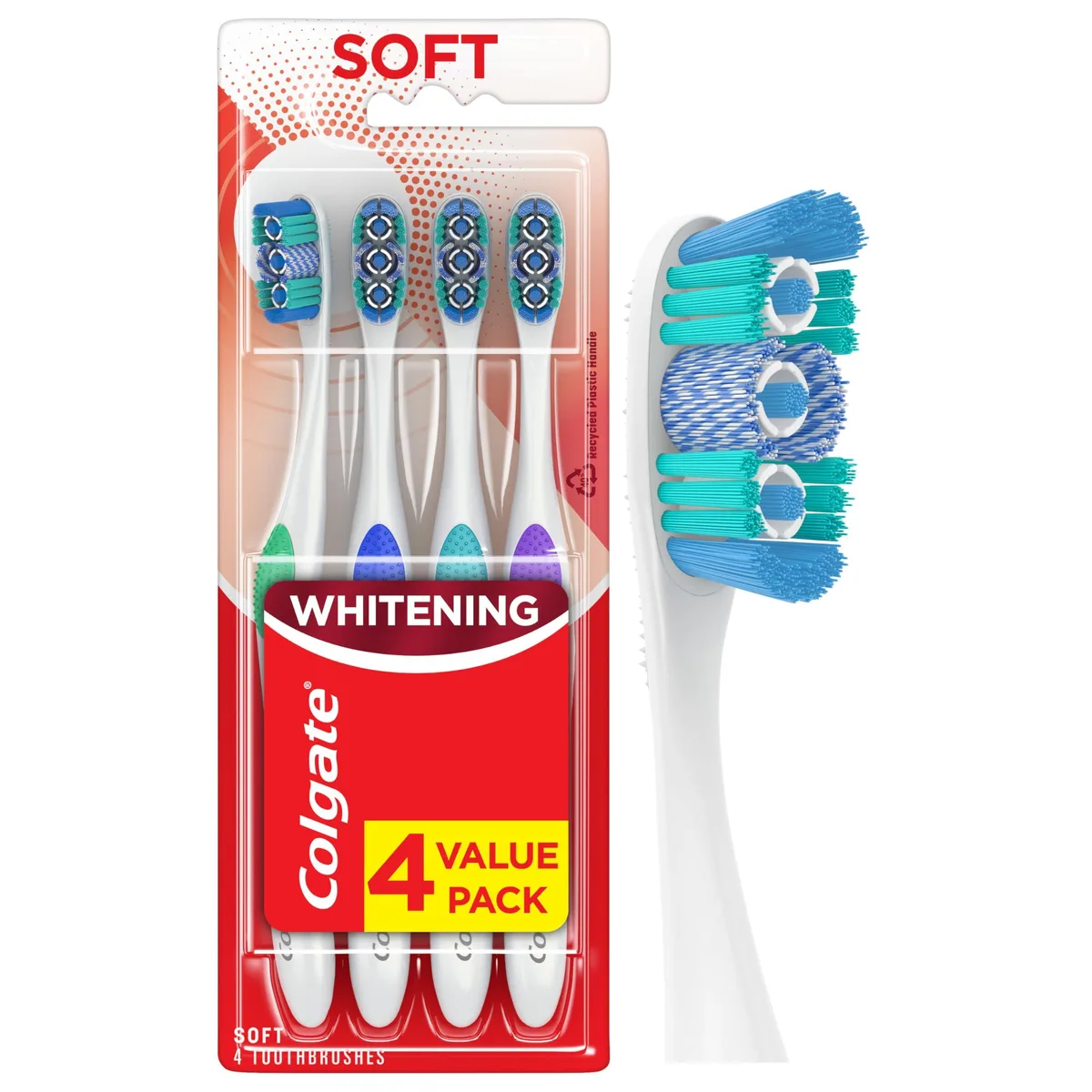 Four white manual toothbrushes with soft bristles and built-in tongue cleaners