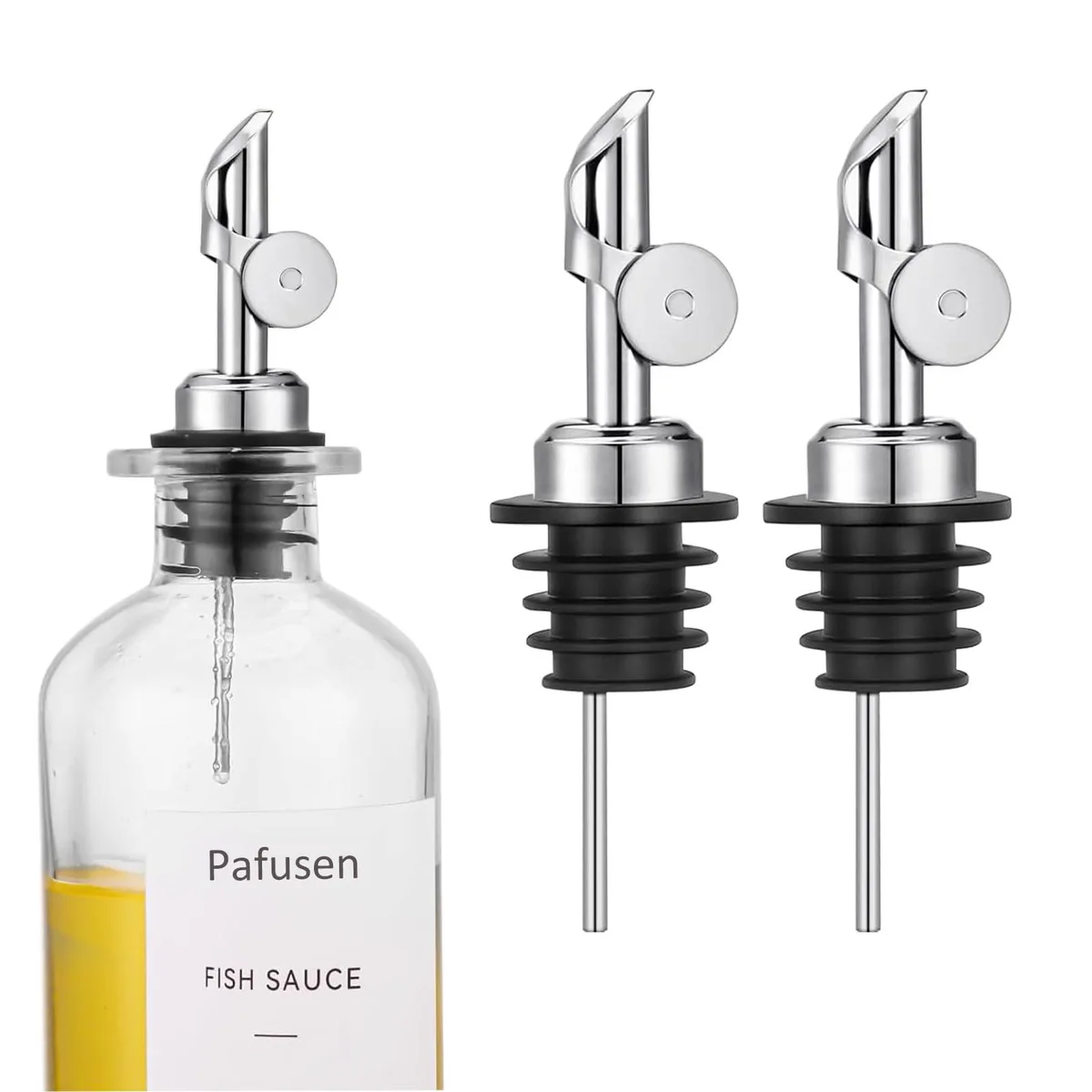 Two silver auto-flip oil dispenser spouts with glass bodies, 350ml capacity, weighted stainless steel caps