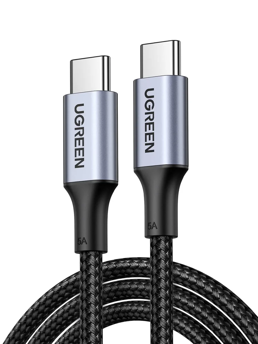 Black nylon-braided USB-C to USB-C cable, ten feet long, aluminum connector housings