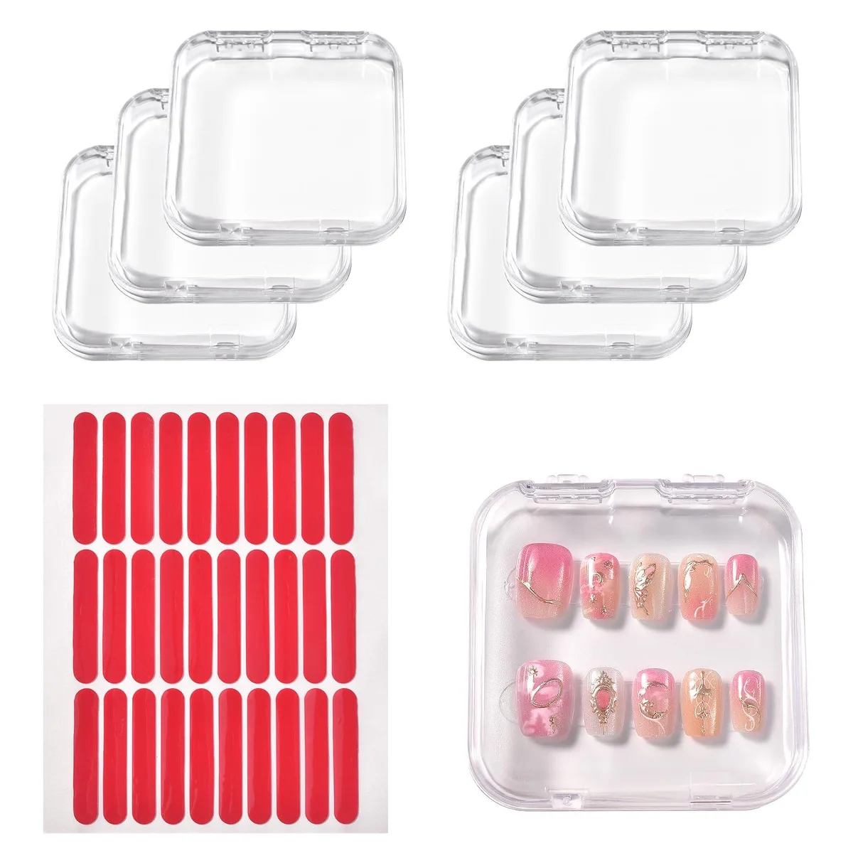 Six red acrylic nail boxes with snap lids and adhesive tapes
