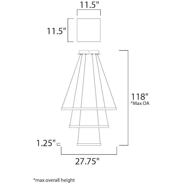 Bronze pendant with three suspended aluminum squares, 27.75 inches wide