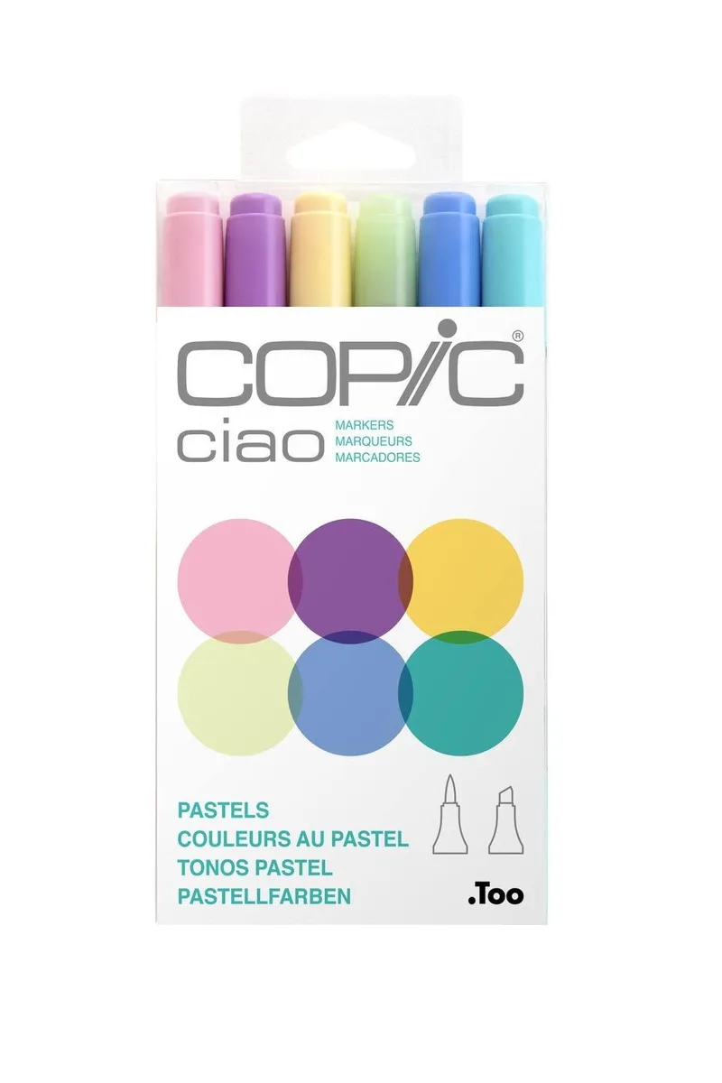 Six round Copic Ciao markers in pastel caps and barrels