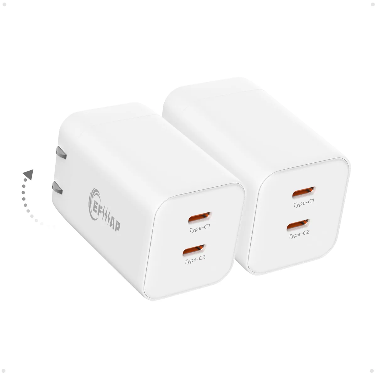 Two compact white USB-C wall chargers with foldable US plugs side by side