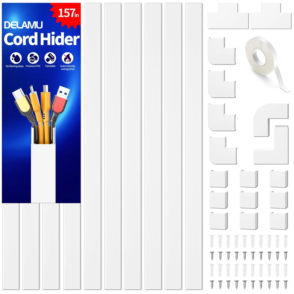 White cord cover kit, ten rigid channels with adhesive backing, 157 inches total length