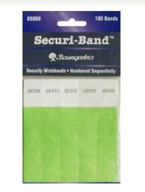 Pack of 100 red Tyvek security wristbands, sequentially numbered, 10 inches long, perforated with peel-off adhesive liner