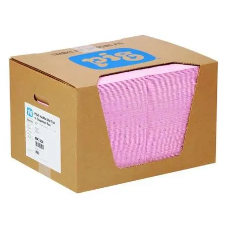 Stack of pink polypropylene absorbent mat pads in white packaging