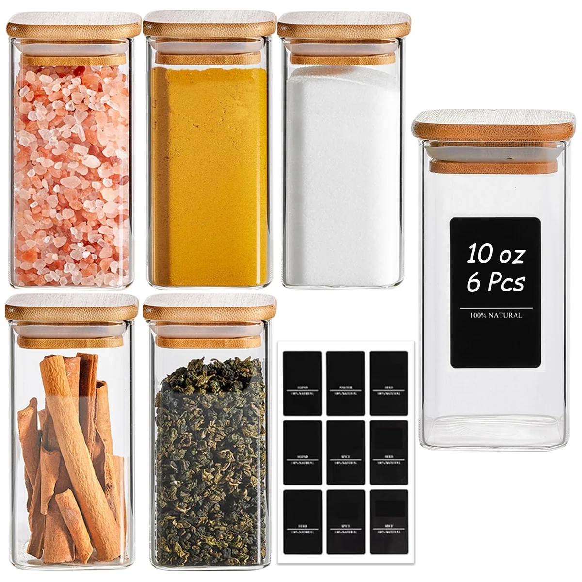 Six square glass jars with bamboo lids on a shelf