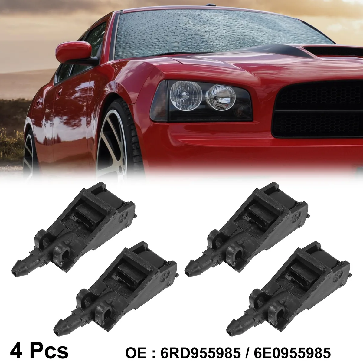 Four black plastic windshield washer nozzles with rubber hose connections