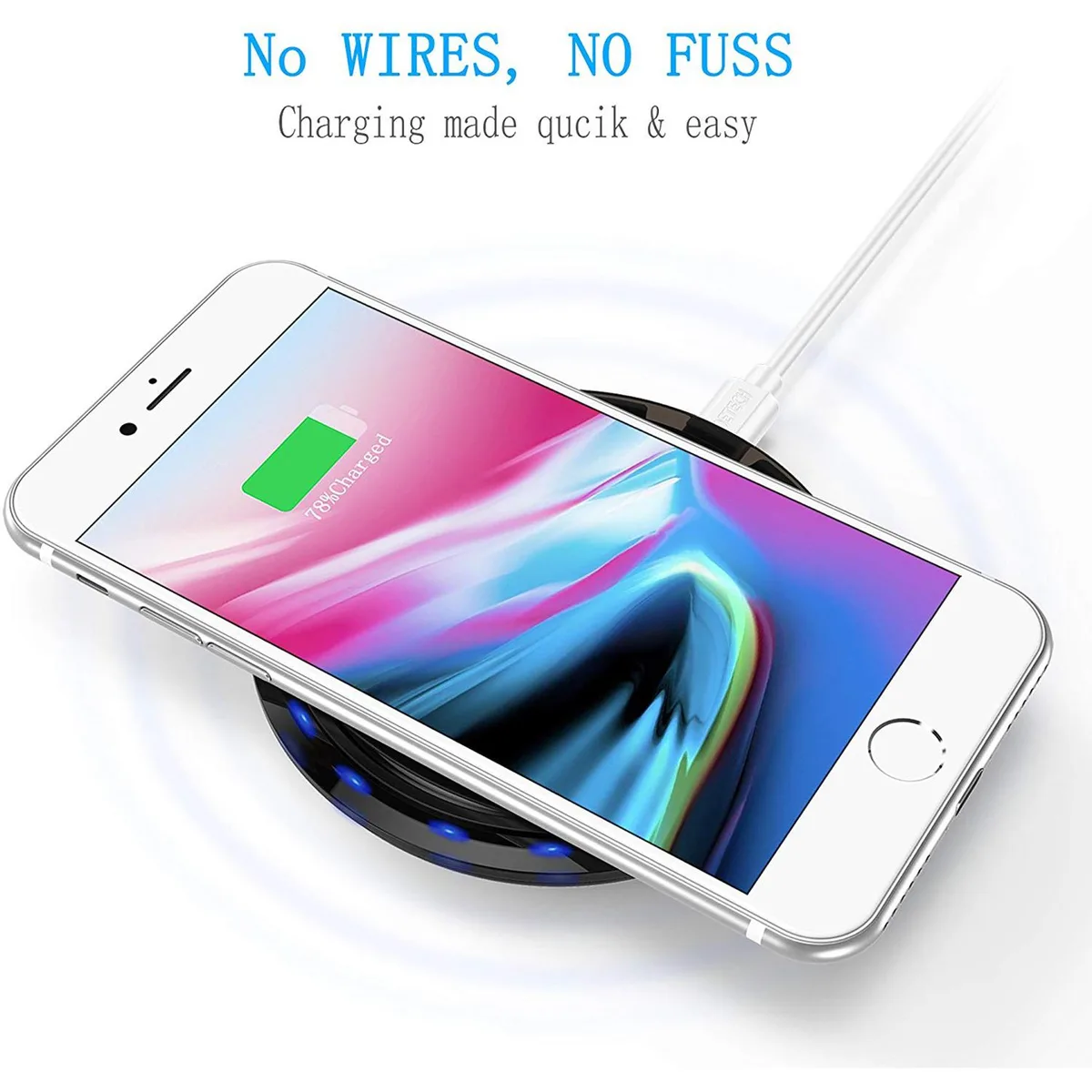 Black circular wireless charging pad with matte finish and subtle indicator light