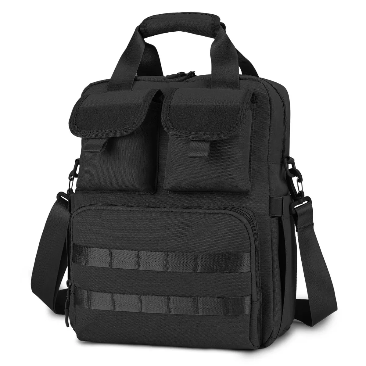 Black 12L messenger briefcase, nylon, MOLLE front, adjustable strap, fits 14.2 laptop