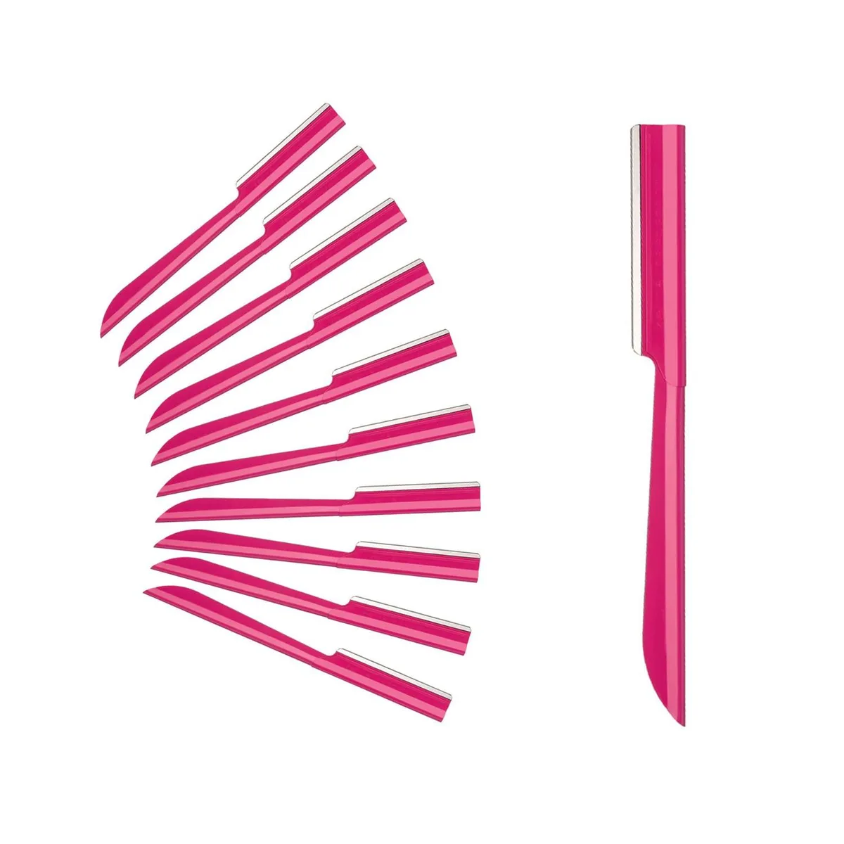 Ten pink dermaplaning razors with lightweight anti-slip handles and safety caps