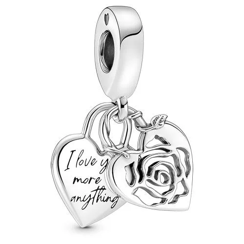 Silver heart-shaped padlock charm with rose cut-out and engraved message