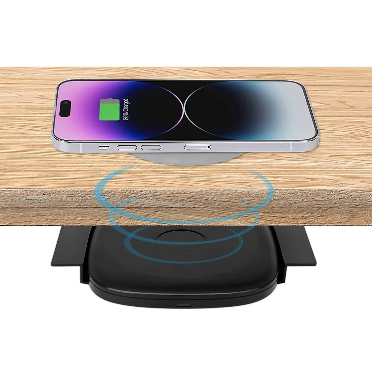Thin rectangular wireless charger with adhesive bracket for under-desk mounting