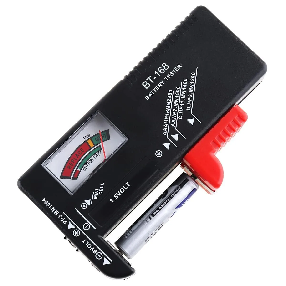 Compact black ABS battery tester with analog needle display