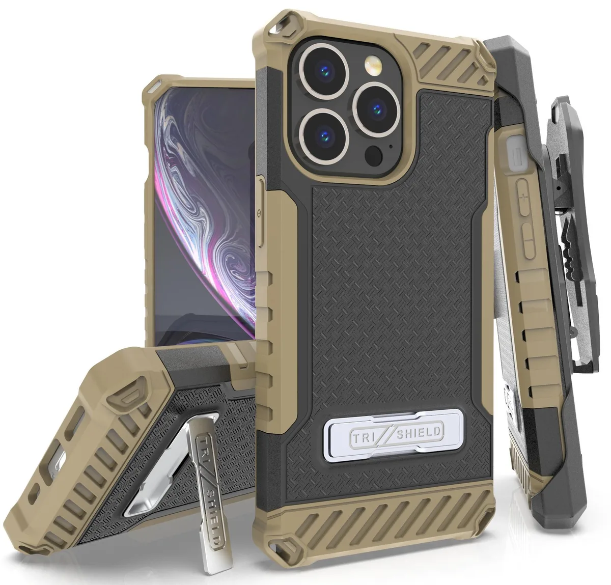 Nakedcellphone Nakedcellphone Tri-Shield Kickstand Case + Belt Clip Holster + Lanyard Strap Brown for iPhone 13 Pro — product photo