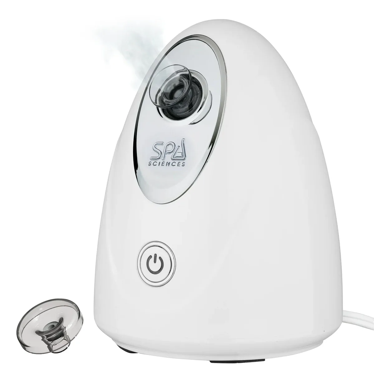 White compact facial steamer with 360-degree adjustable nozzle and essential oil basket