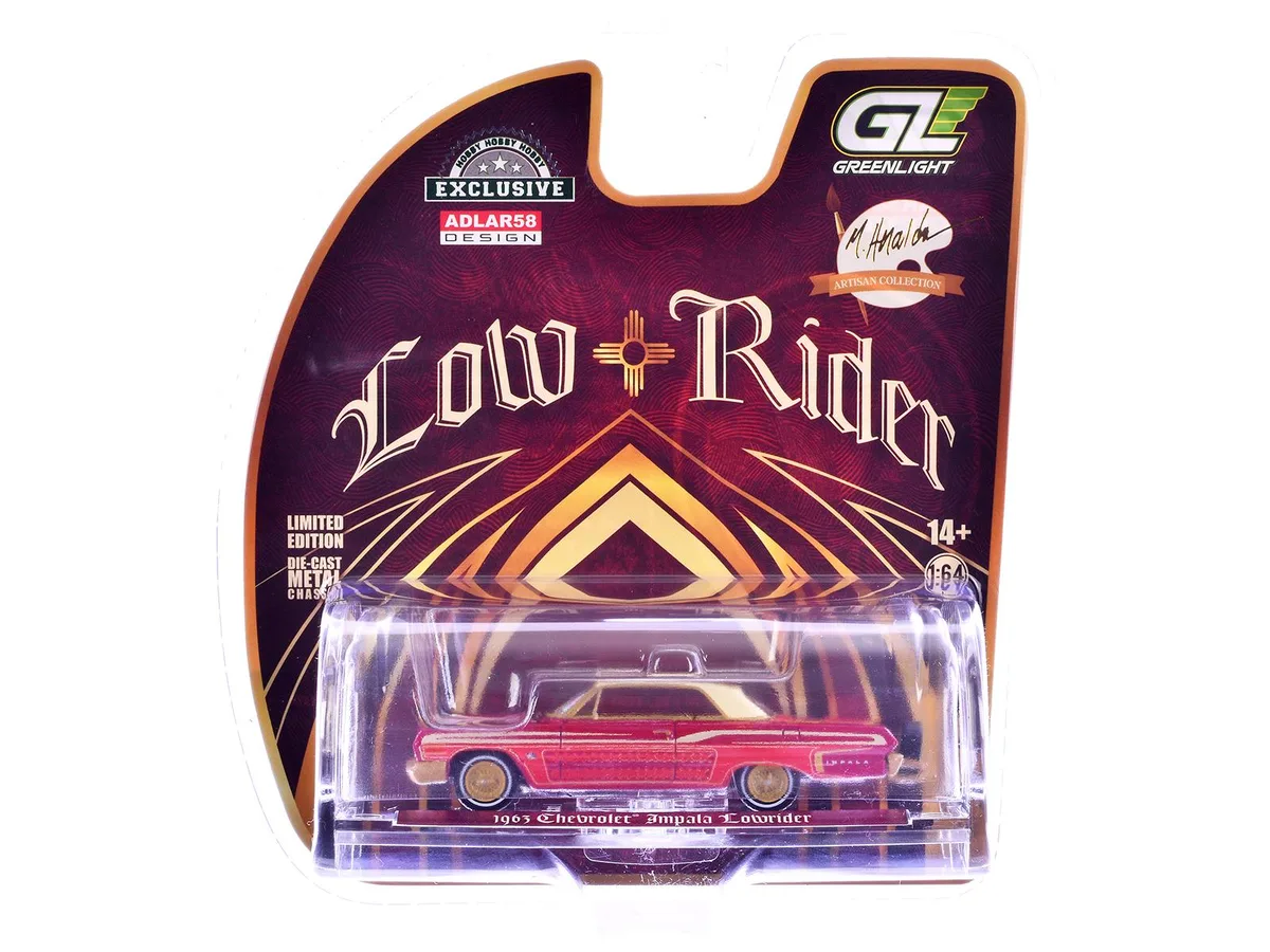 GREENLIGHT GREENLIGHT 1963 Chevrolet Impala Lowrider Red Metallic Cream Top Gold Graphics 1/64 Diecast — product photo
