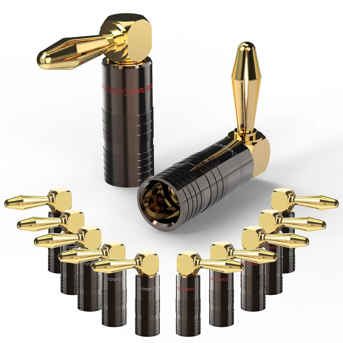 FosPower FosPower Right-Angled Banana Plugs 12 pcs 12AWG-18AWG 24k gold audio adapter — product photo