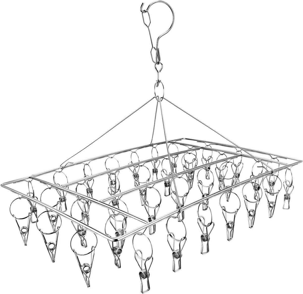 Stainless steel sock drying rack with 36 clips, 42x30x28cm, 360° swivel hook