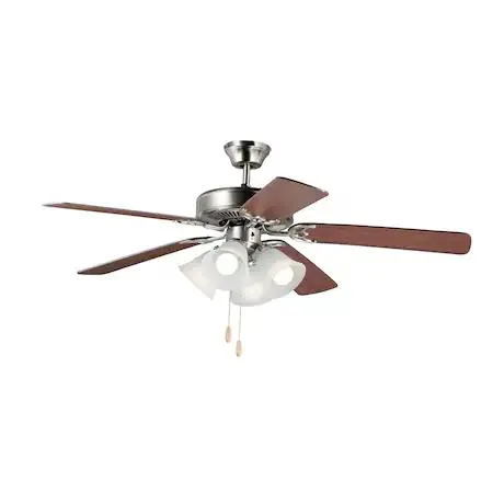 Satin nickel ceiling fan with walnut and pecan blades, four-light kit, 52 inch span