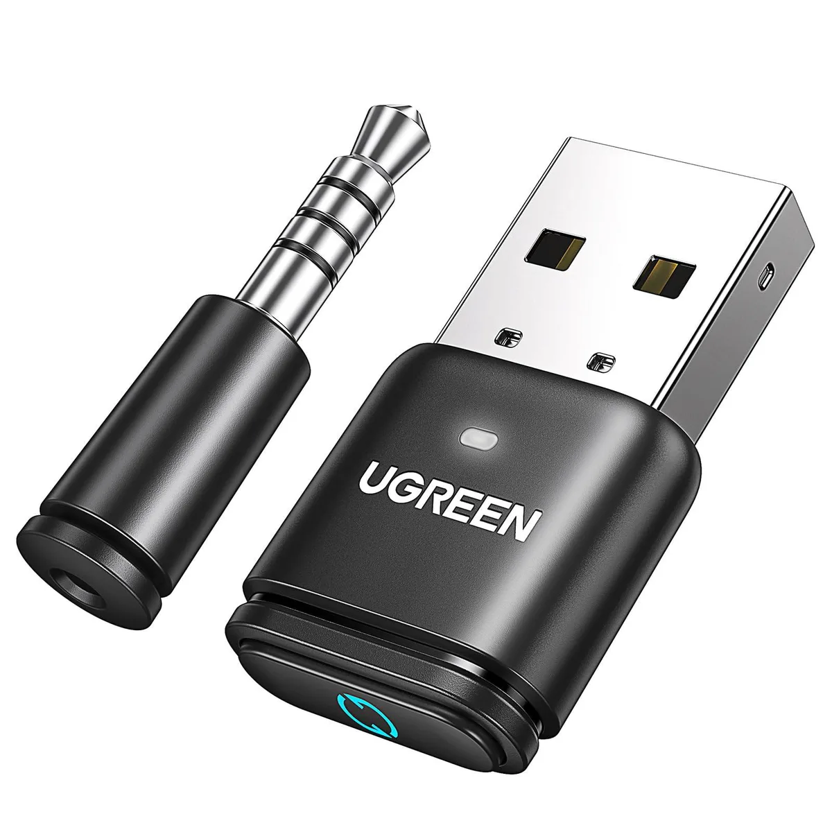 Small black USB dongle with a 3.5 mm microphone plug alongside