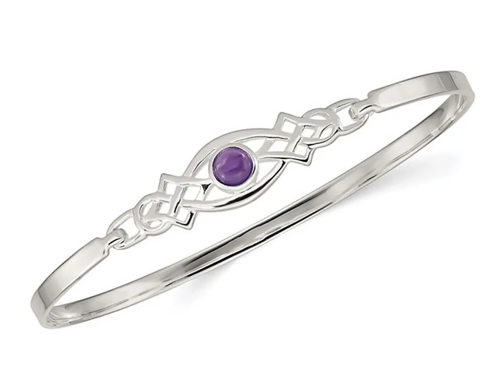 Sterling silver bangle with a single round purple amethyst stone