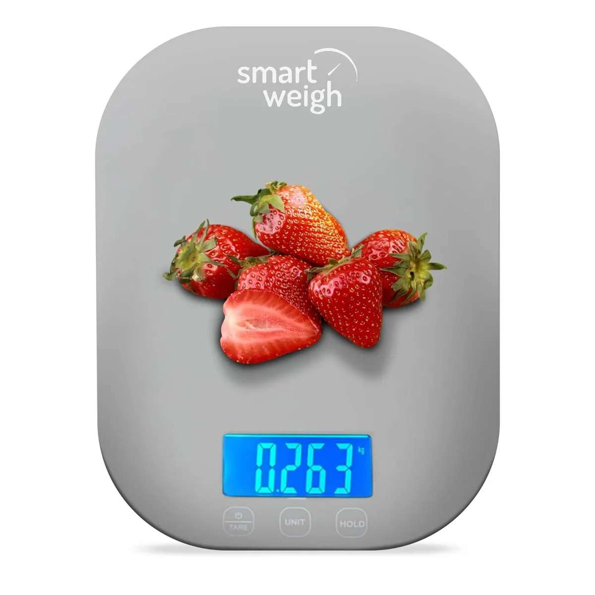 Compact gray digital kitchen scale with stainless steel platform and backlit LCD display