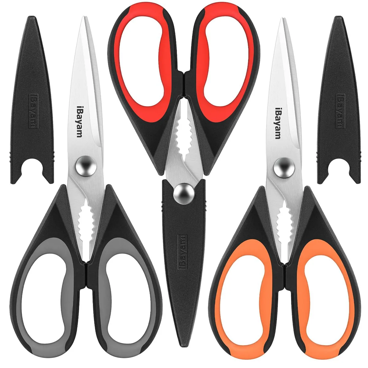 Three black-handled kitchen scissors with protective sheaths, 8.7 inch blades