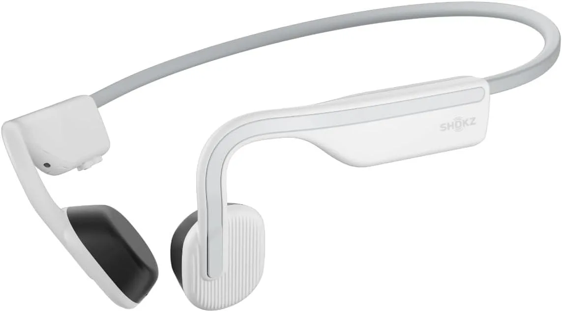 White open-ear bone conduction headphones with wraparound titanium frame