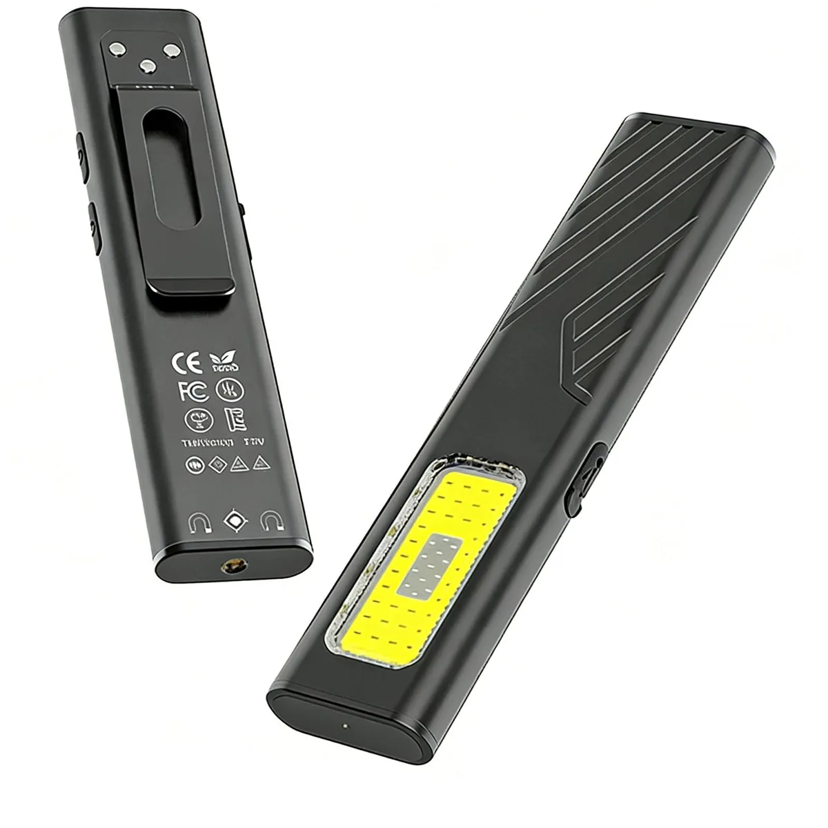 Ultra-slim black aluminium flashlight, 9.7mm thick with magnetic clip and Type-C port