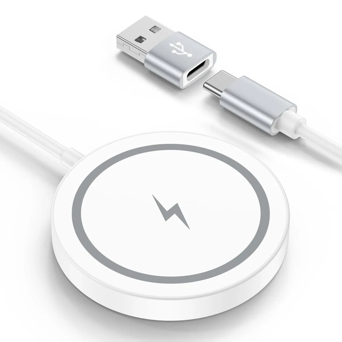 White magnetic wireless charging pad with USB-C and USB-A ports, 6 ft cable