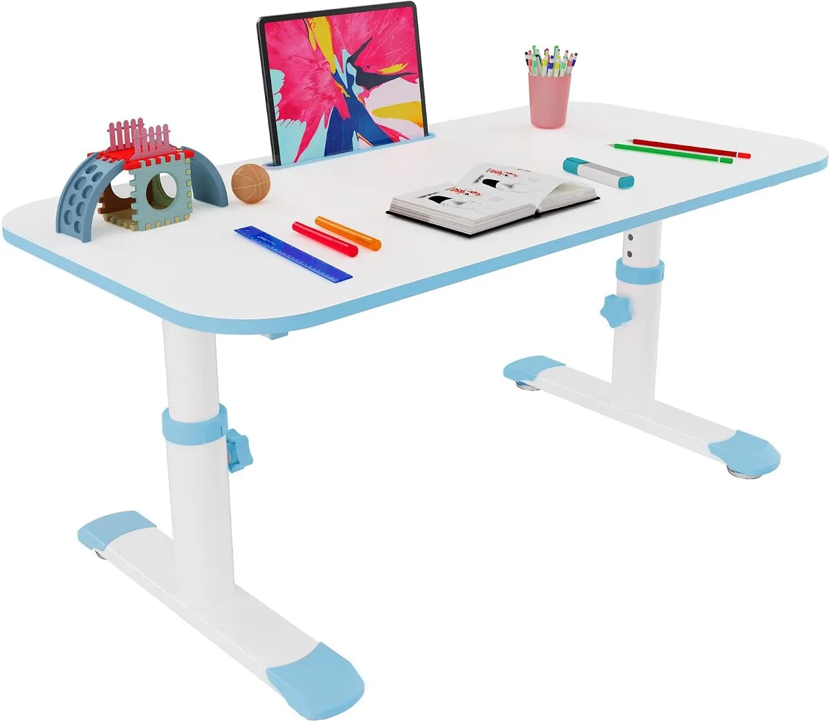 Light wood rectangular kids desk with rounded corners, adjustable metal legs