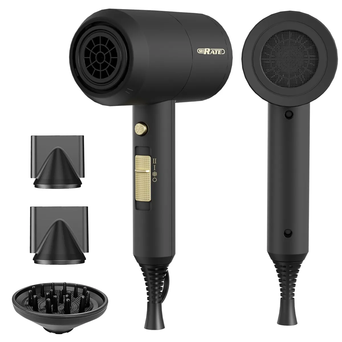 Black compact ionic hair dryer with three nozzle attachments, 2.14 lb